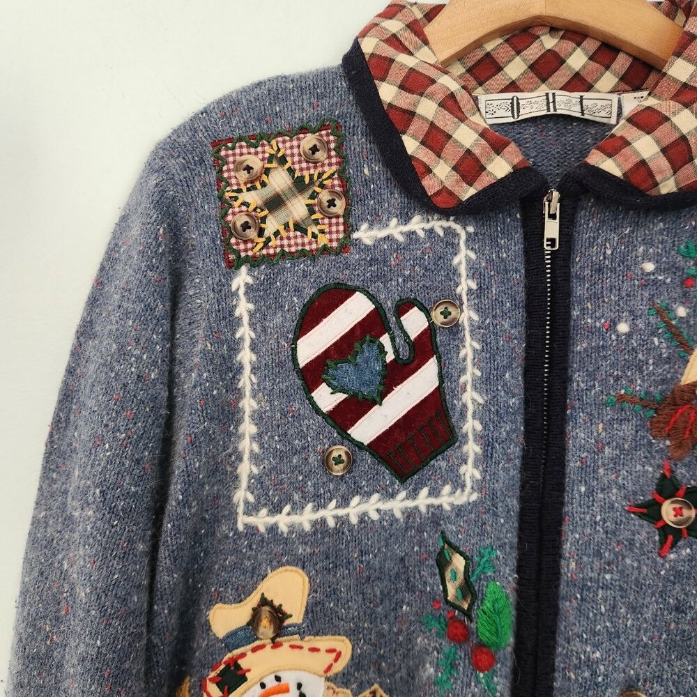 OHI Folk Christmas Sweater Full Zip Country Birds Patriotic US Flag Large EUC - Picture 10 of 16